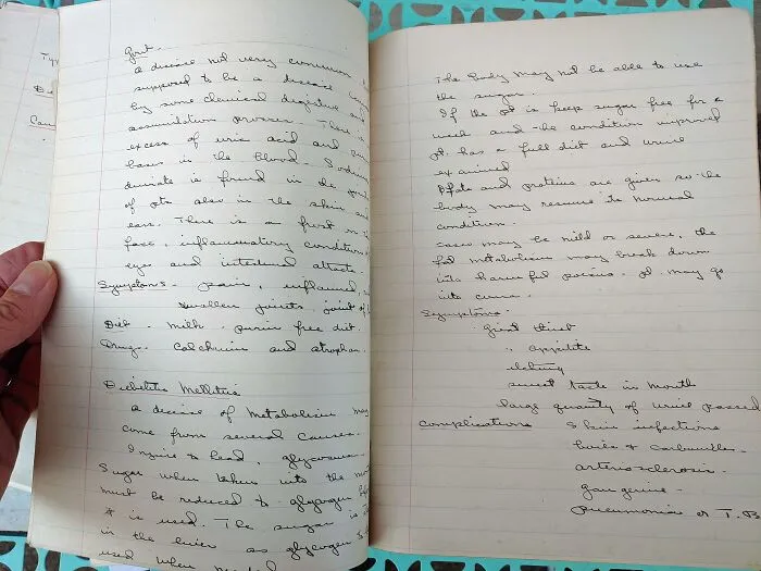 Handwritten notes on diabetes and other diseases in an old notebook documenting medical history.