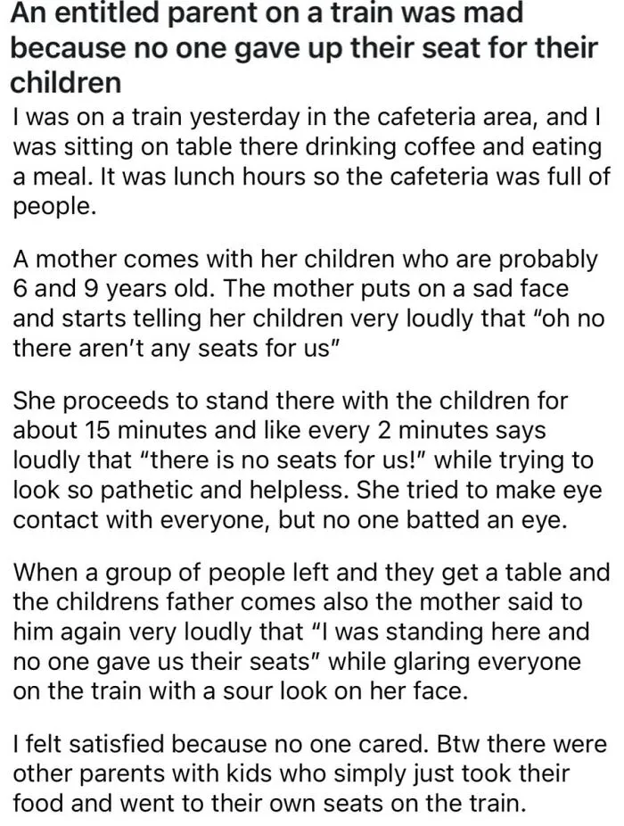 Reddit post detailing an entitled parent on a train demanding others give up their seats.