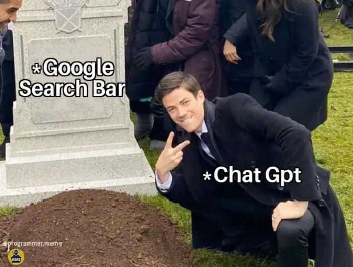 Programmer meme comparing Chat GPT to Google search bar at a grave