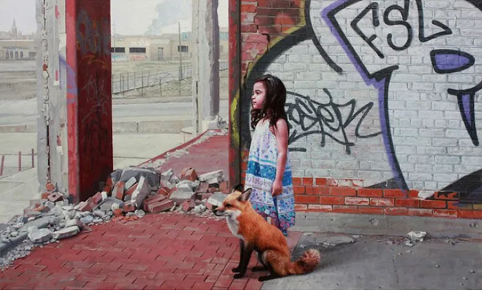 A little girl and a red fox standing among rubble in dystopian paintings by Kevin Peterson with graffiti walls