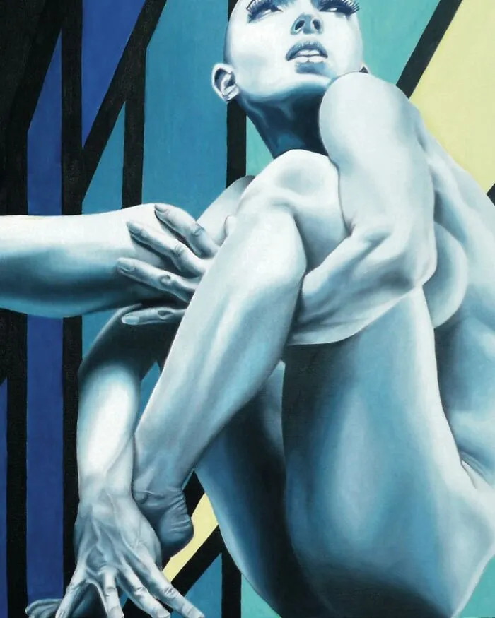 Blue-toned painting of a contorted human form with extreme perspective by Michel Devanakis.