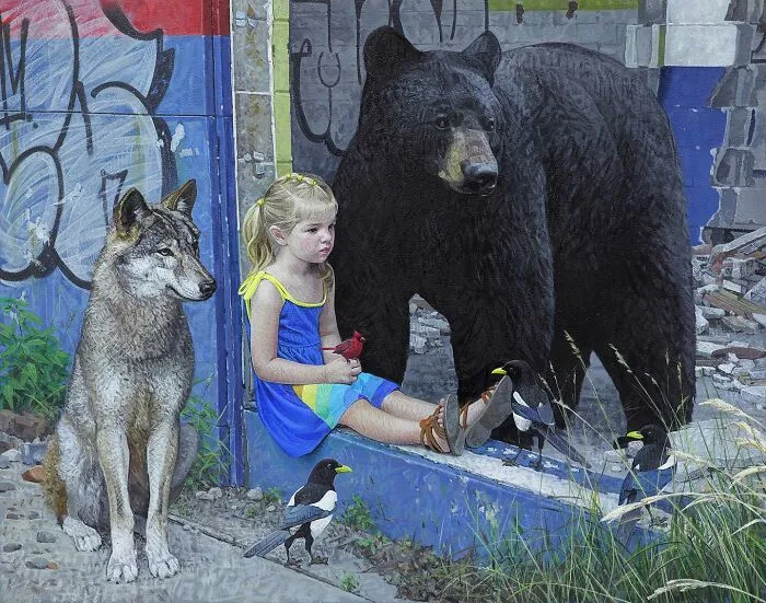 A young girl sits with a wolf, black bear, and birds in a dystopian painting by Kevin Peterson
