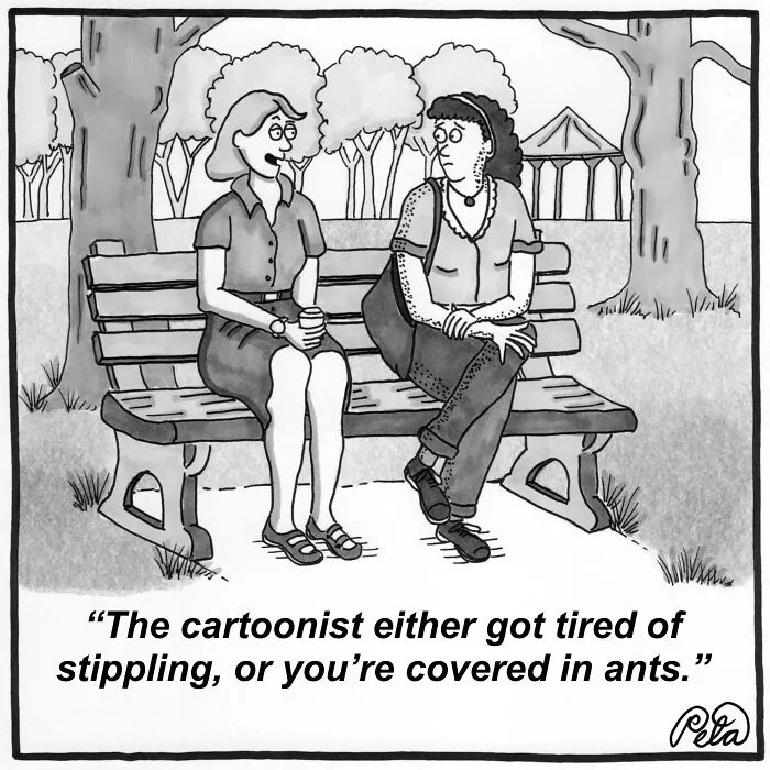 Comic of two women on a park bench, one covered in ants with a stippling joke