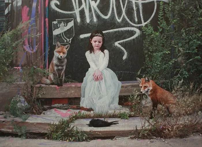 A girl in a white dress sits near two foxes in one of the dystopian paintings by Kevin Peterson