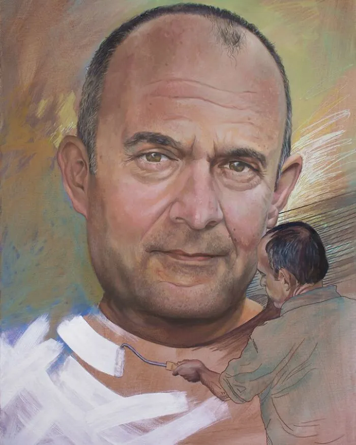 A painting of a man painting another giant face by Michel Devanakis.