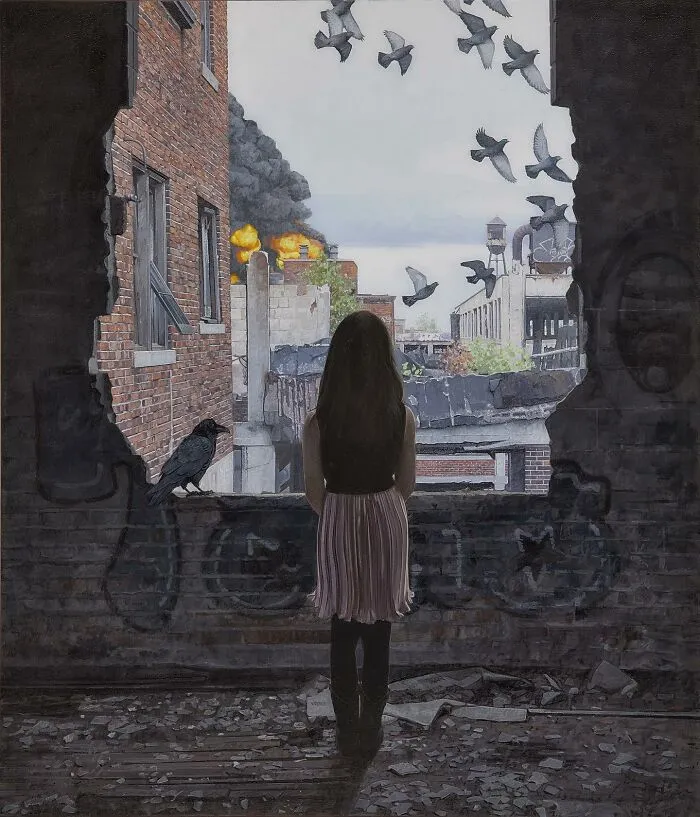 A girl looking through a ruined wall at a smoky city in a dystopian painting by Kevin Peterson.