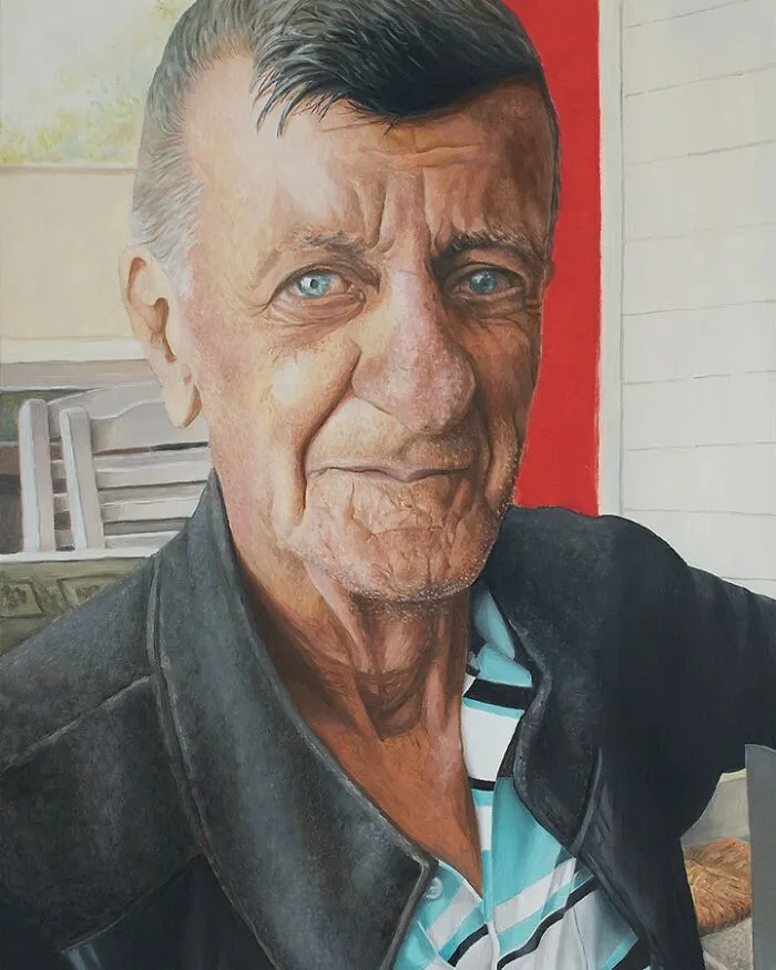 Detailed close-up portrait of an elderly man with blue eyes, painted by Michel Devanakis.