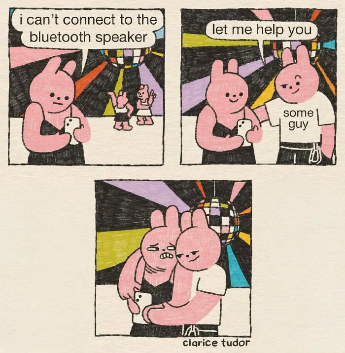 Pink rabbits comic with British humor about connecting to Bluetooth speaker at a party.