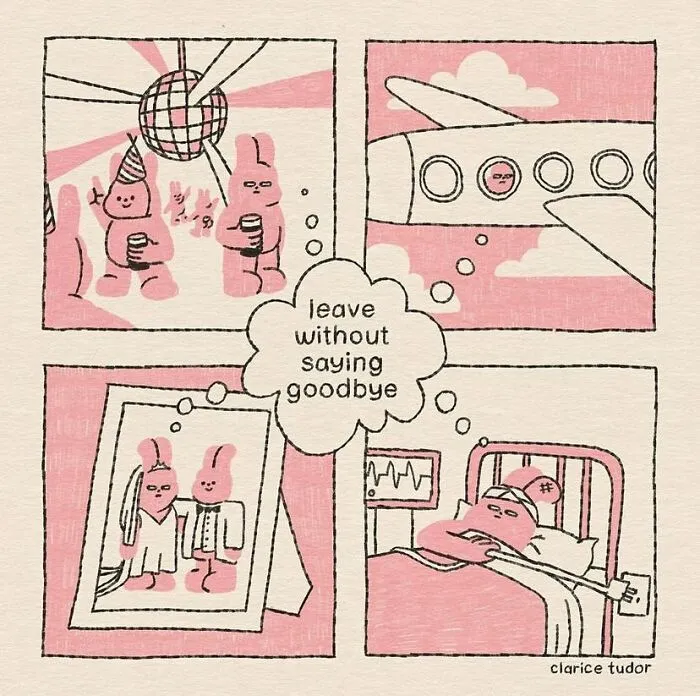 Pink rabbit reflecting on leaving without saying goodbye at party, plane, photo, and hospital