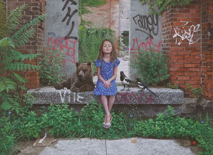 A little girl with a bear cub and birds in a dystopian painting by Kevin Peterson.