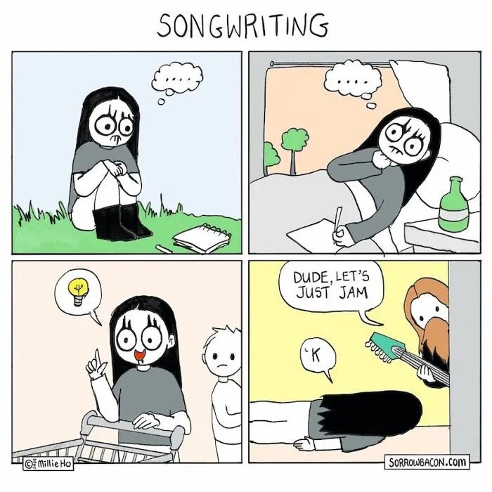 Artist creates comics with funny twists about songwriting, featuring a character brainstorming ideas.