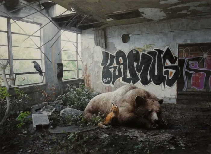 A large brown bear and a small fox rest inside a ruined building from Kevin Peterson dystopian paintings