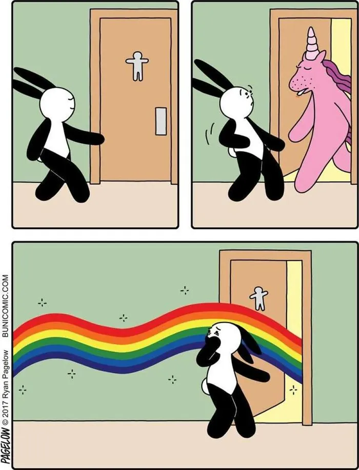 A funny Buni Comic where a pink unicorn leaves a restroom leaving a rainbow-colored odor trail behind.