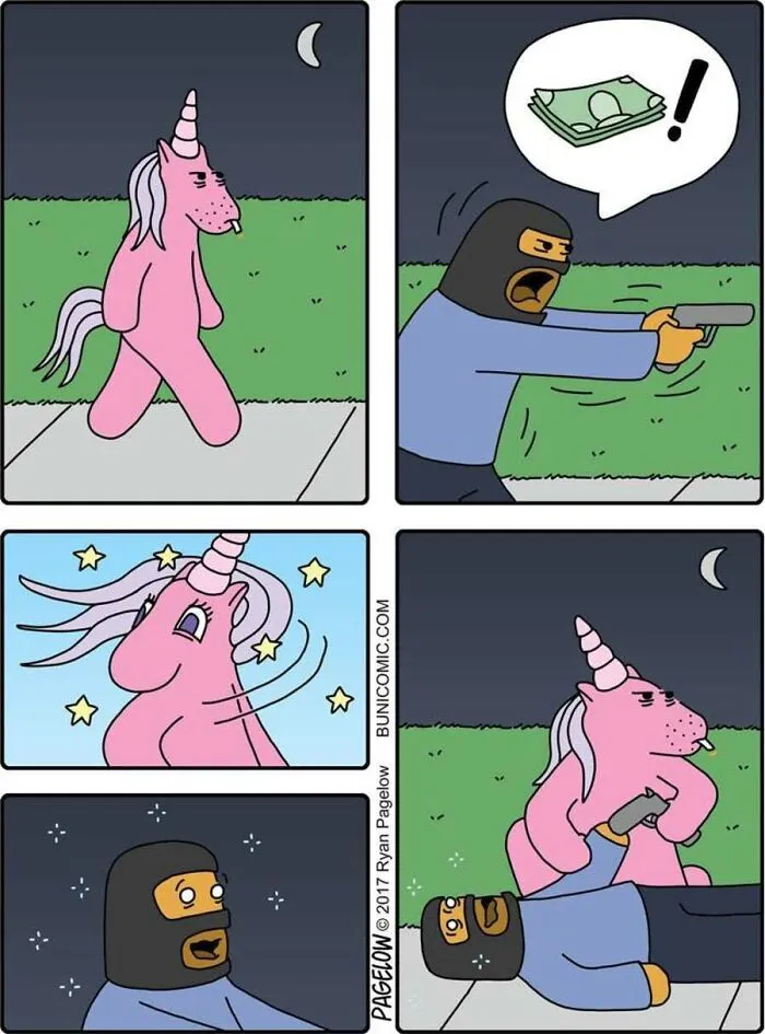 A pink unicorn defending itself against a robber in a funny Buni Comic strip.