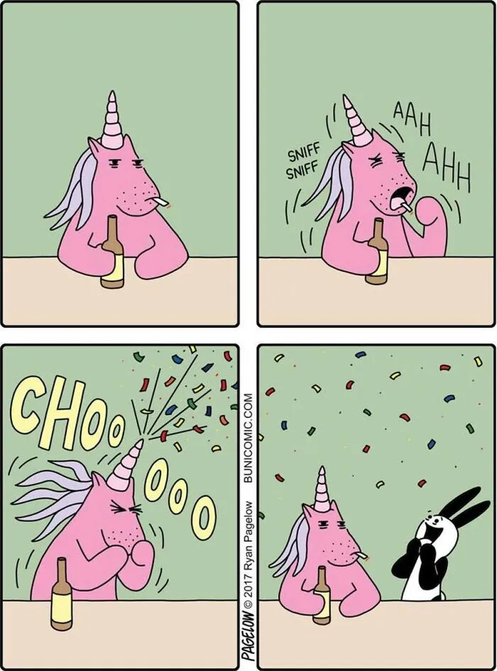 A Buni Comic featuring a grumpy pink unicorn sneezing colorful confetti over a happy bunny character.