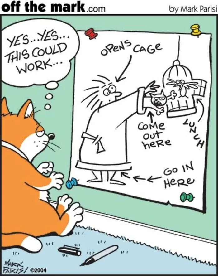 Mark Parisi comics depicting an orange cat planning to trick its owner to get lunch.