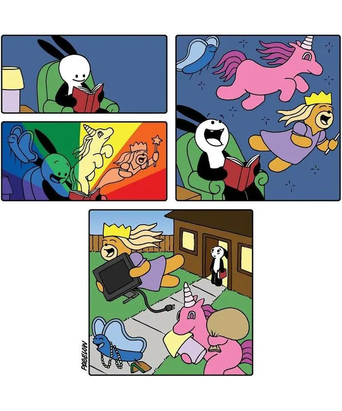 A humorous Buni Comic where magical book characters, including a pink unicorn, steal household items.