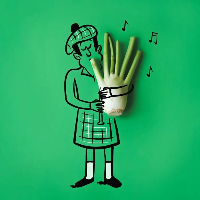 Playful illustration of a Scottish bagpiper using a fennel bulb instrument as everyday objects come to life