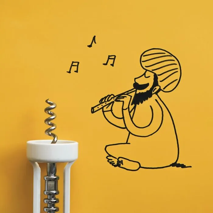 Playful illustration of a snake charmer with a corkscrew as a snake as everyday objects come to life