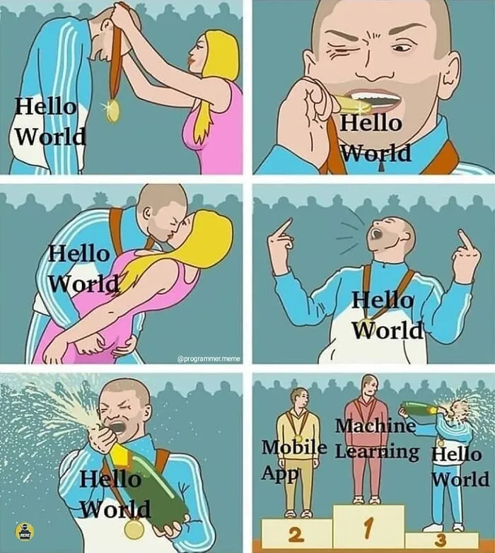 Programmers celebrate Hello World meme with medals and champagne in humorous competition