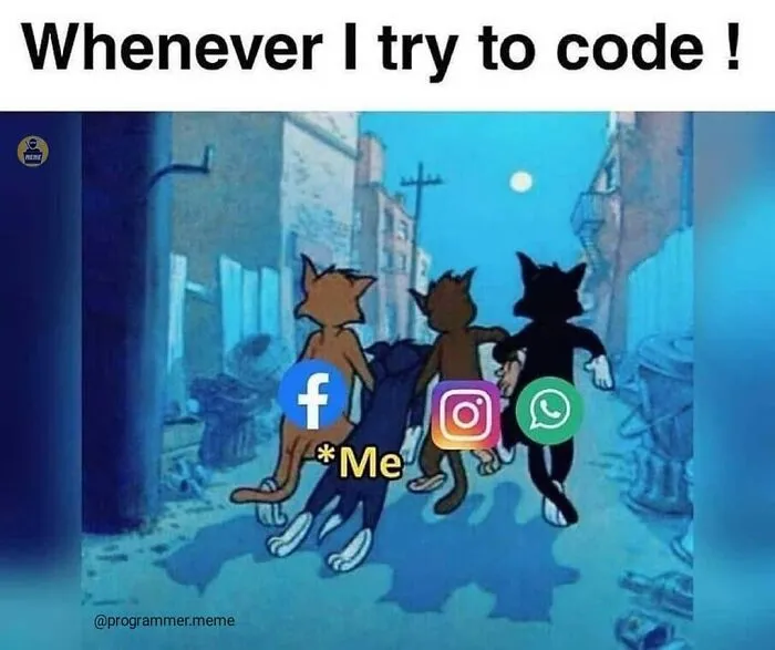 Cat meme about distractions from social media while trying to code