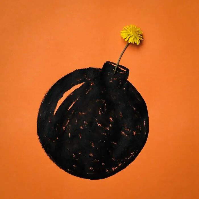 Playful illustration of a hand-drawn black bomb with a yellow flower fuse as everyday objects come to life