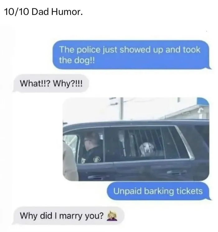 A hilarious dog meme text exchange about a dog being taken away for unpaid barking tickets, showcasing dog comedians.