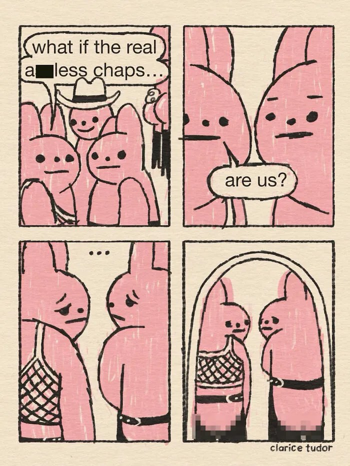 Sassy pink rabbits comic questioning identity with British humor and wit.