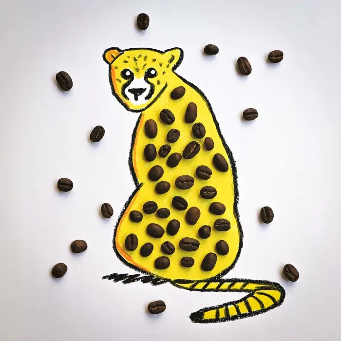 Playful illustration of a yellow cheetah with coffee bean spots as everyday objects come to life