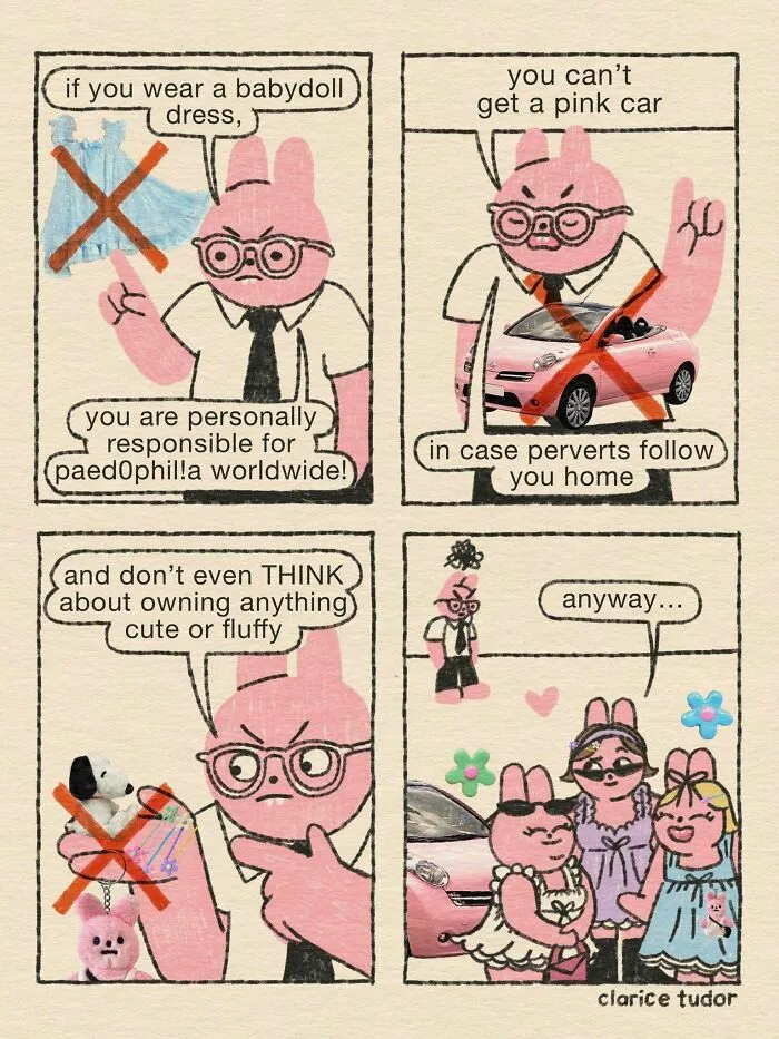 Snarky British humor comic with sassy pink rabbits on baby doll dress and pink car rules.