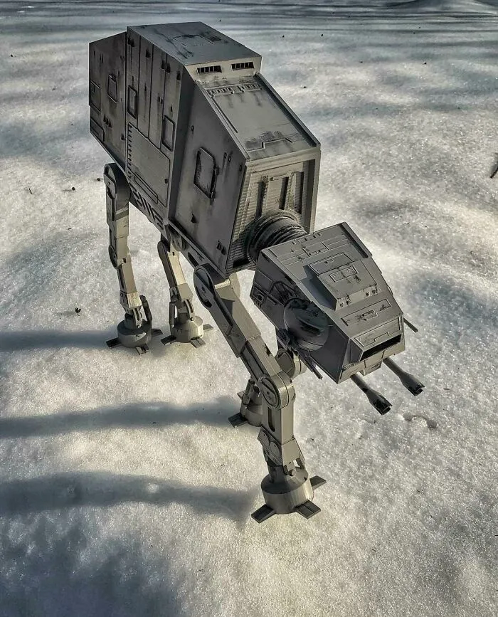 My Dad 3D Printed An At-At (18 In Height) And Took Advantage Of Snow In The Backyard