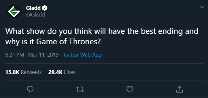 A screenshot of a tweet by Gladd asking about the best ending for a show, mentioning Game of Thrones, a cringy fail.