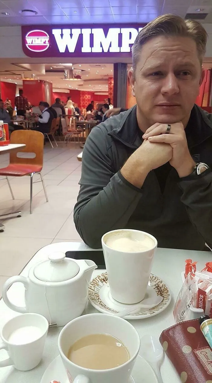 I'm A Super Nervous Flyer. My Wife Just Took This Pic Of Me At The Airport Restaurant, About To Board The Plane A Part Of Our Honeymoon