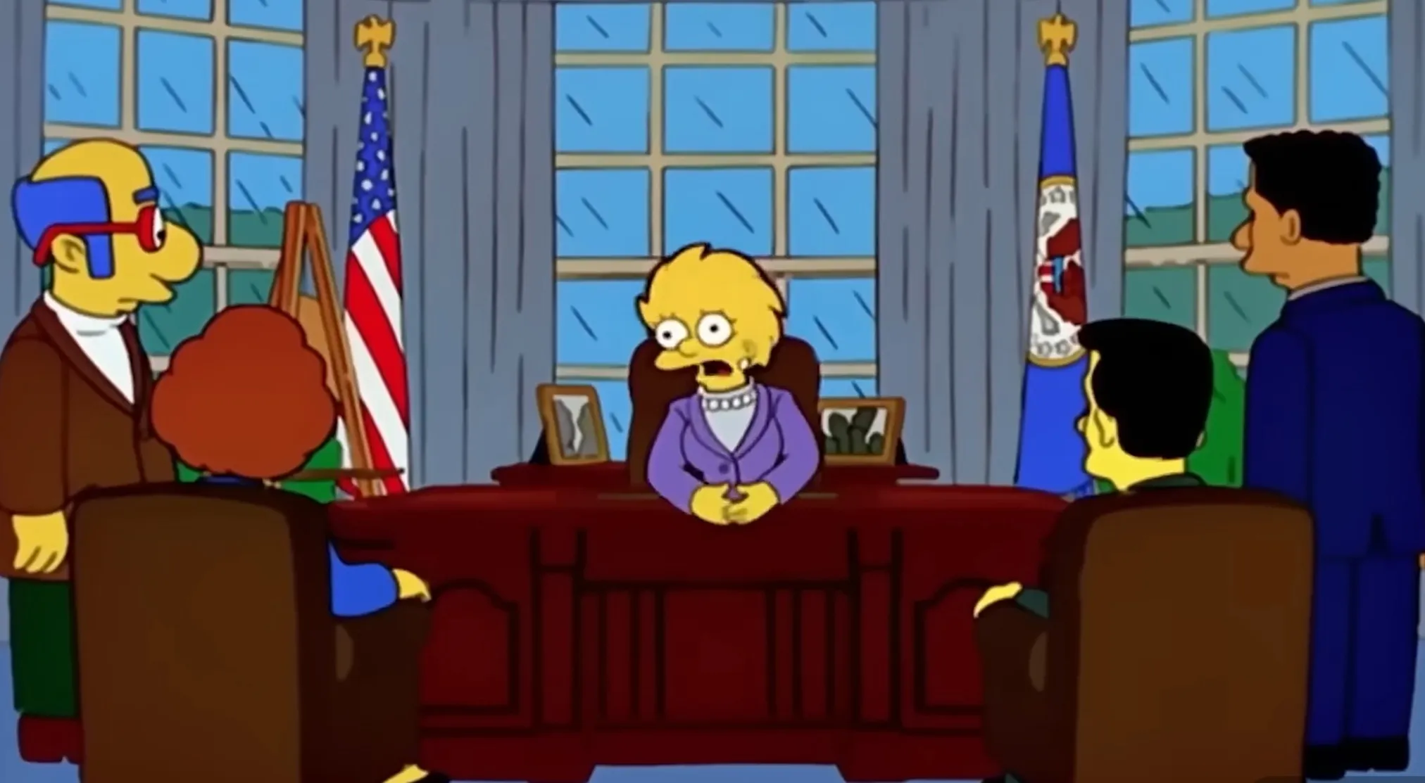 Lisa Simpson as president in the Oval Office, surrounded by staff. A Simpsons Conspiracy Theory.