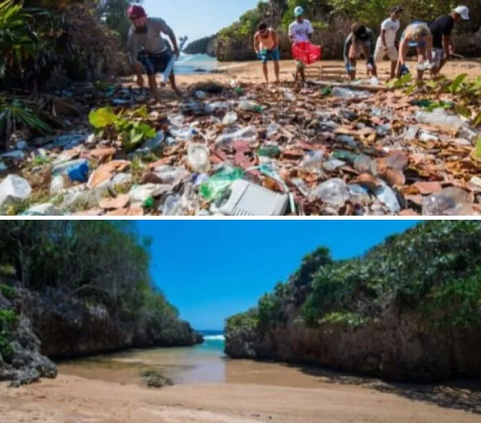 Before-and-after image showing people cleaning a trash-filled beach and the same beach after cleanup, highlighting the global trash issue.
