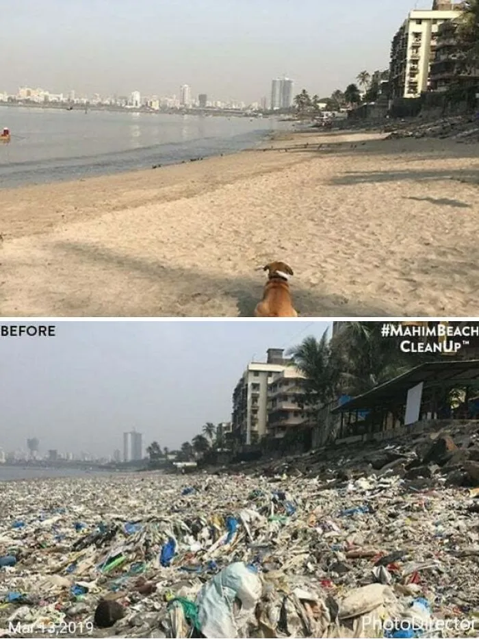 Before and after comparison showing a beach covered in trash and then clean, highlighting the issue of trash.