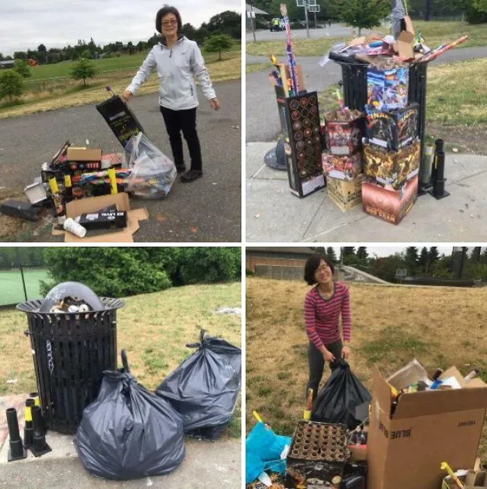 Collage showing people cleaning up large amounts of trash, including fireworks debris, emphasizing the global trash issue and need for influencers.