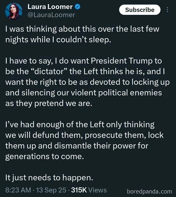 A tweet from Laura Loomer expressing unbelievably stupid and infuriating political views on President Trump.
