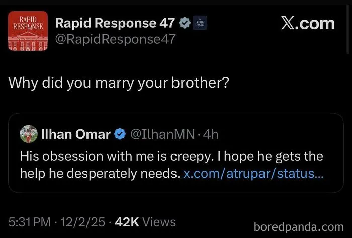 A social media post asking 'Why did you marry your brother?' with a reply, highlighting instances of people being unbelievably stupid.