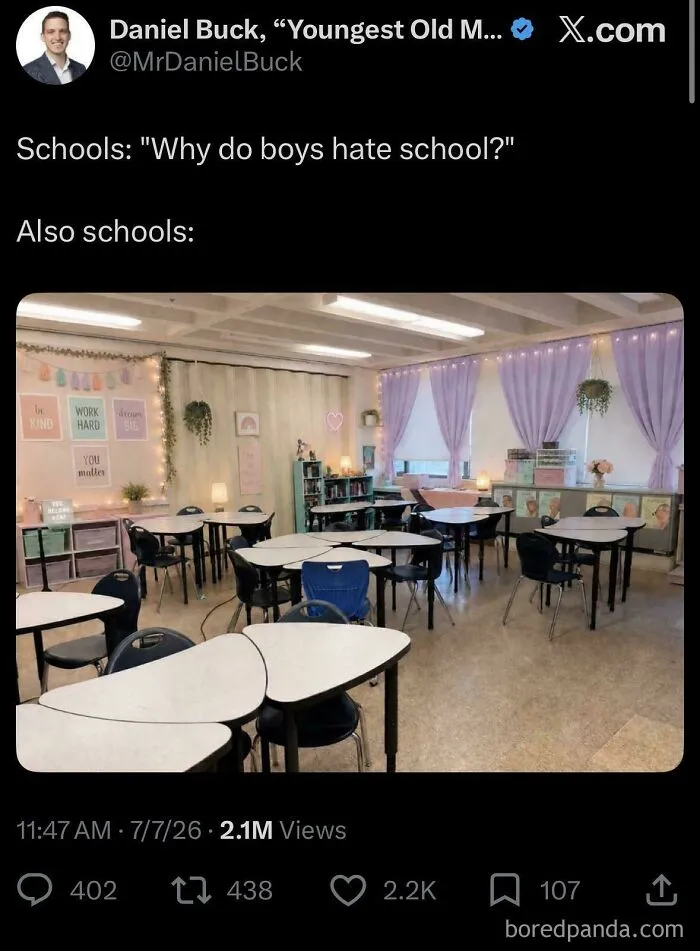 People were unbelievably stupid and infuriating: A tweet showing a classroom with purple and pink decorations, implying it's why boys hate school.