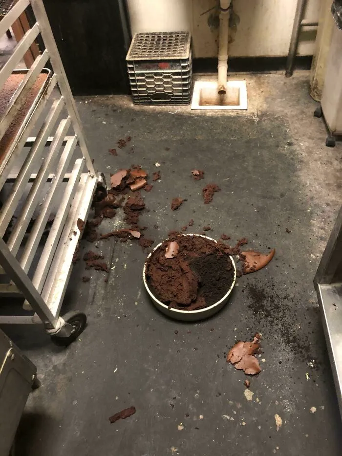 A bowl of crumbled chocolate cake spilled on a dirty floor, a disheartening kitchen fail.