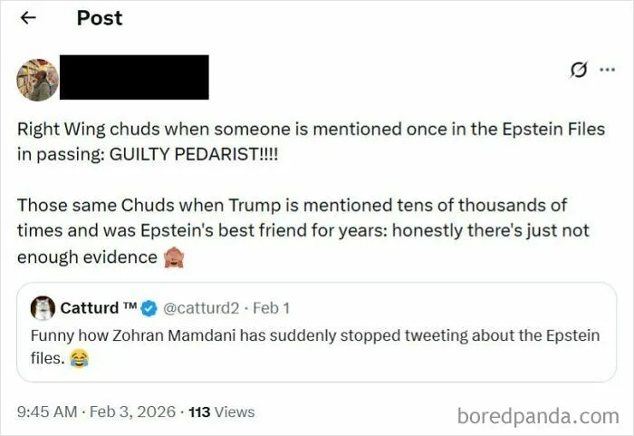 A screenshot of a tweet discussing the unbelievably stupid and infuriating hypocrisy regarding Epstein files.
