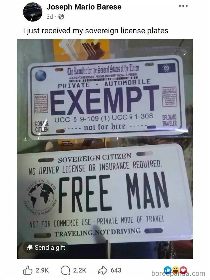 Two custom license plates, highlighting people's unbelievably stupid and infuriating beliefs about sovereign citizen status.