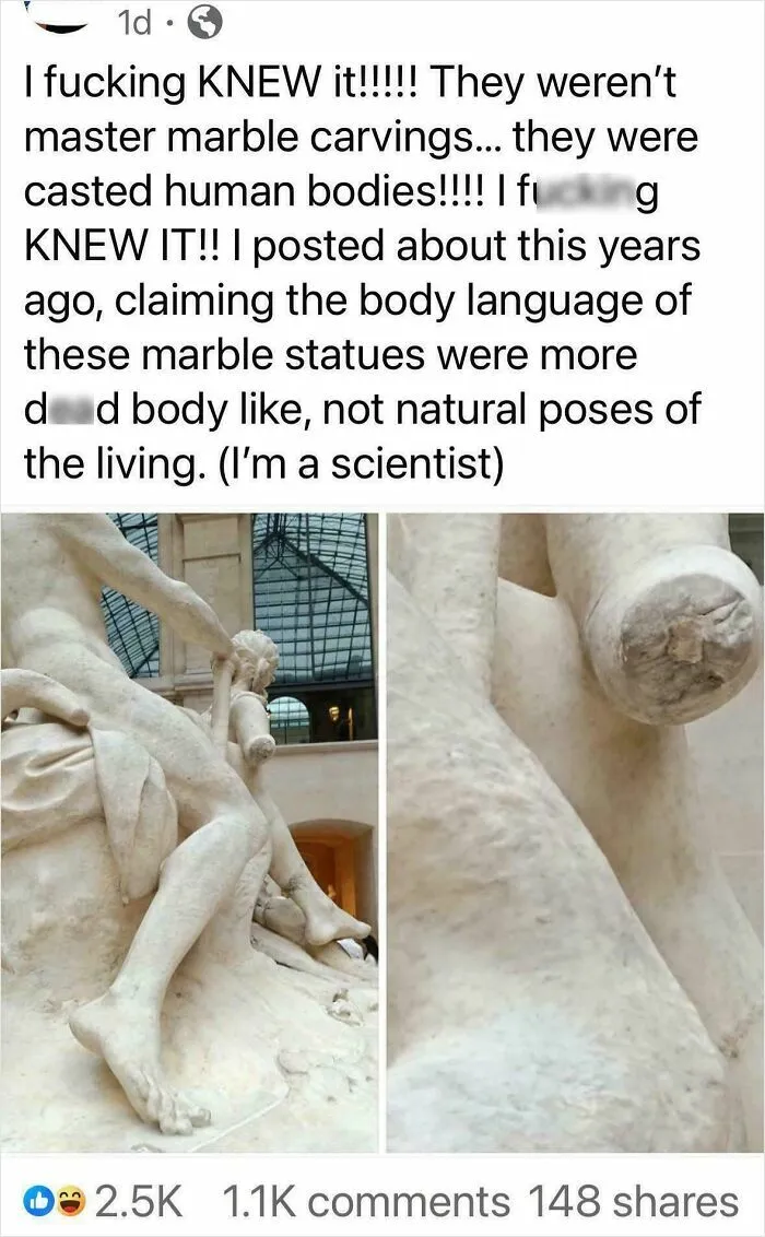 A social media post about people being unbelievably stupid, showing a close-up of a marble statue claimed to be a cast human body.