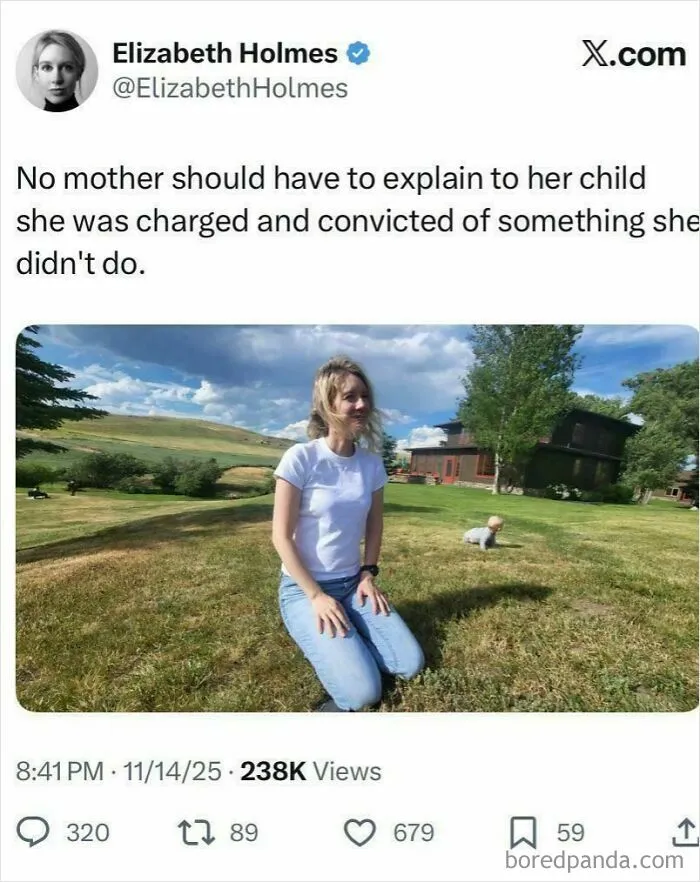 Elizabeth Holmes tweet about people being unbelievably stupid, with an image of her kneeling in a field.