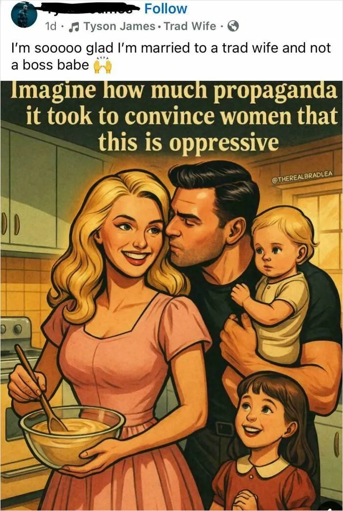 An illustration of a husband, wife, and two children, a family that some people were stupid to call oppressive.