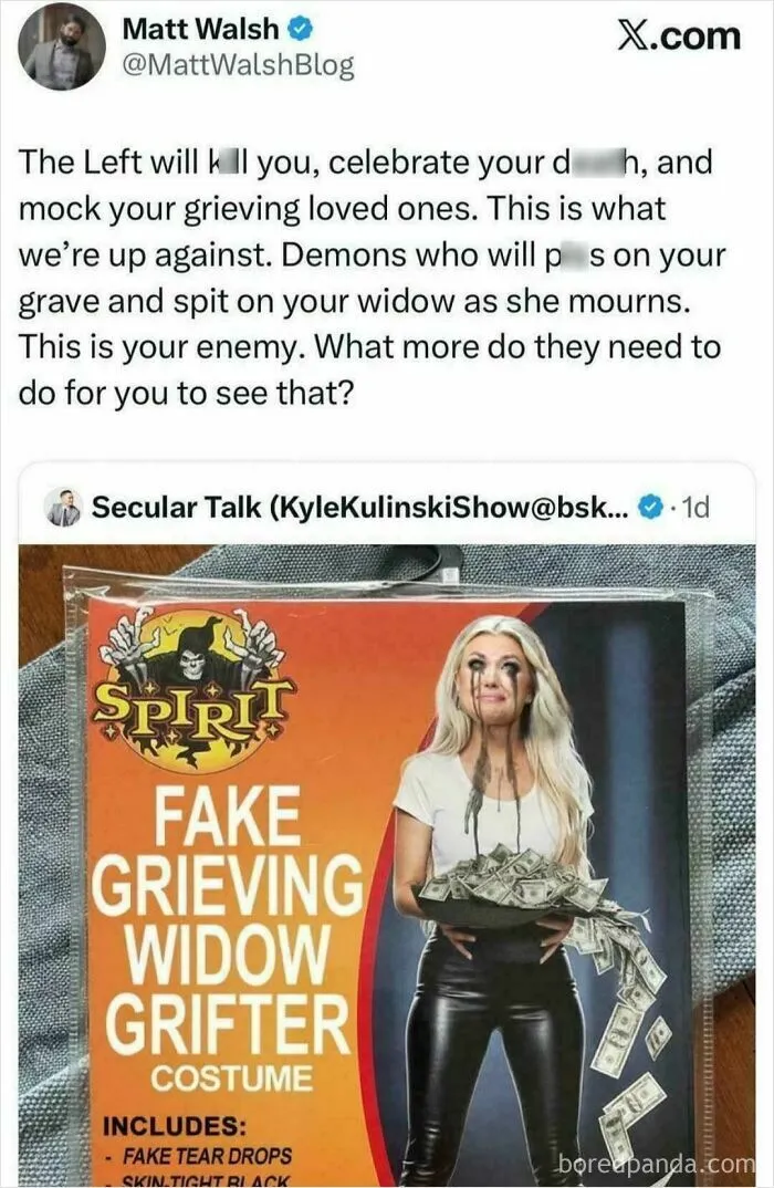 A screenshot of a tweet about a 'Fake Grieving Widow Grifter Costume,' satirizing unbelievably stupid and infuriating behavior.