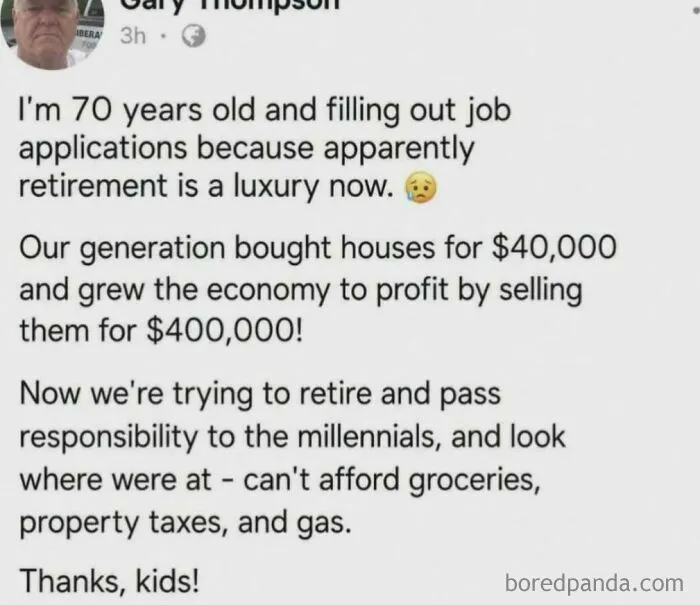 A Facebook post by Gary Thompson discussing unbelievably stupid economic realities and infuriating generational wealth gaps.