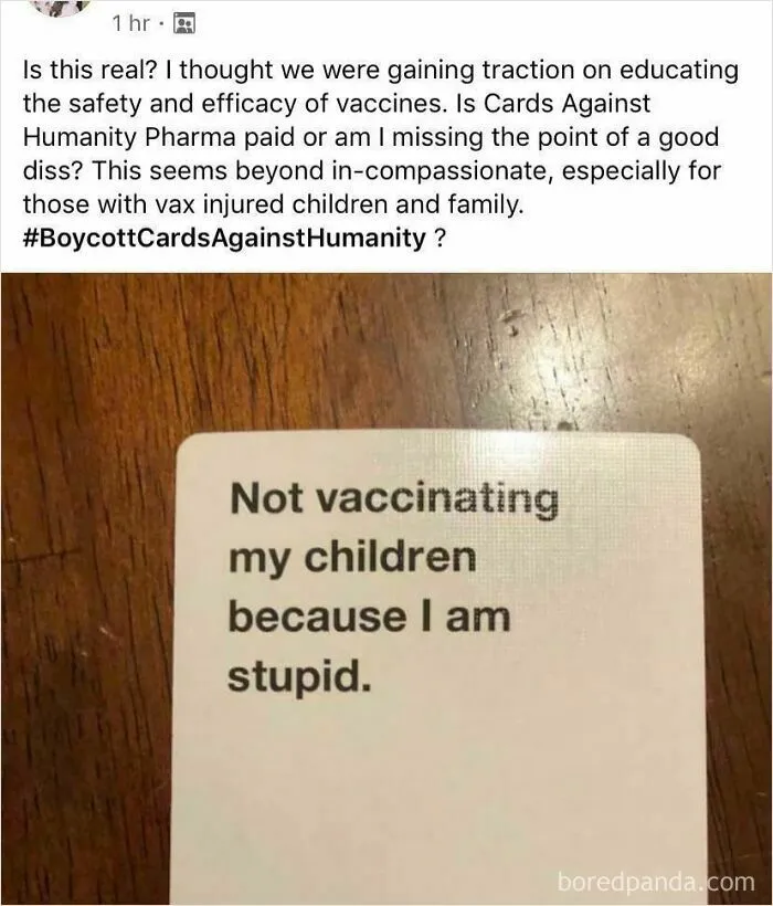 A Cards Against Humanity card displaying a stupid and infuriating statement about not vaccinating children.