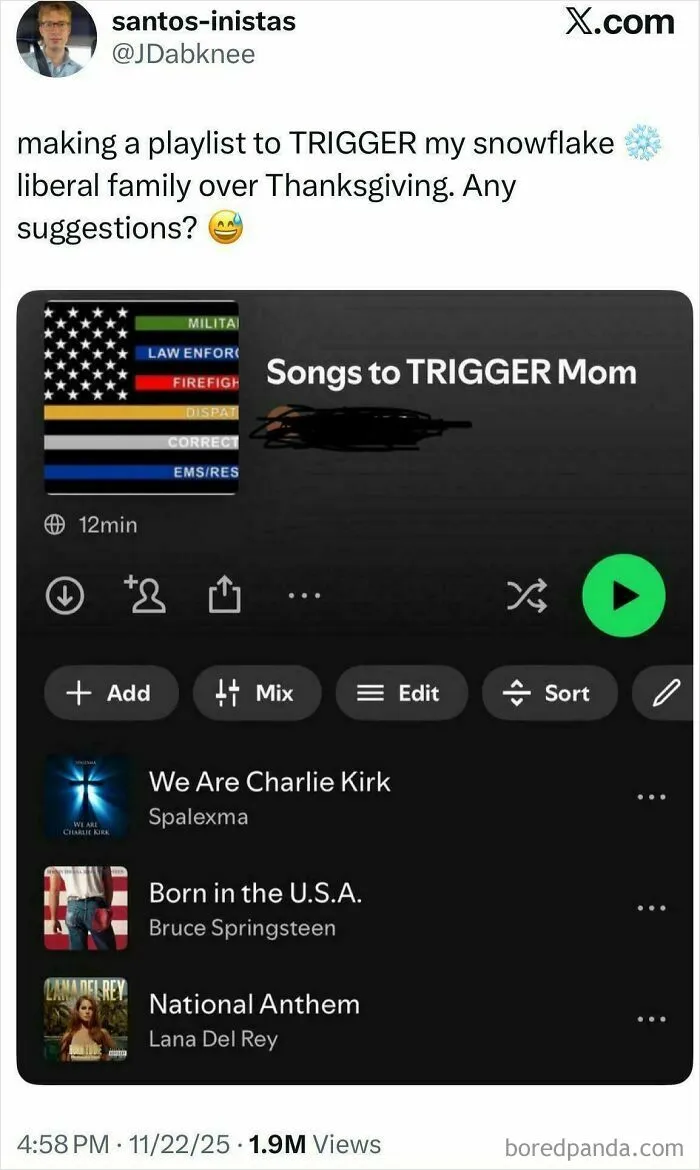 A screenshot of a Spotify playlist titled Songs to TRIGGER Mom, showcasing unbelievably stupid suggestions.